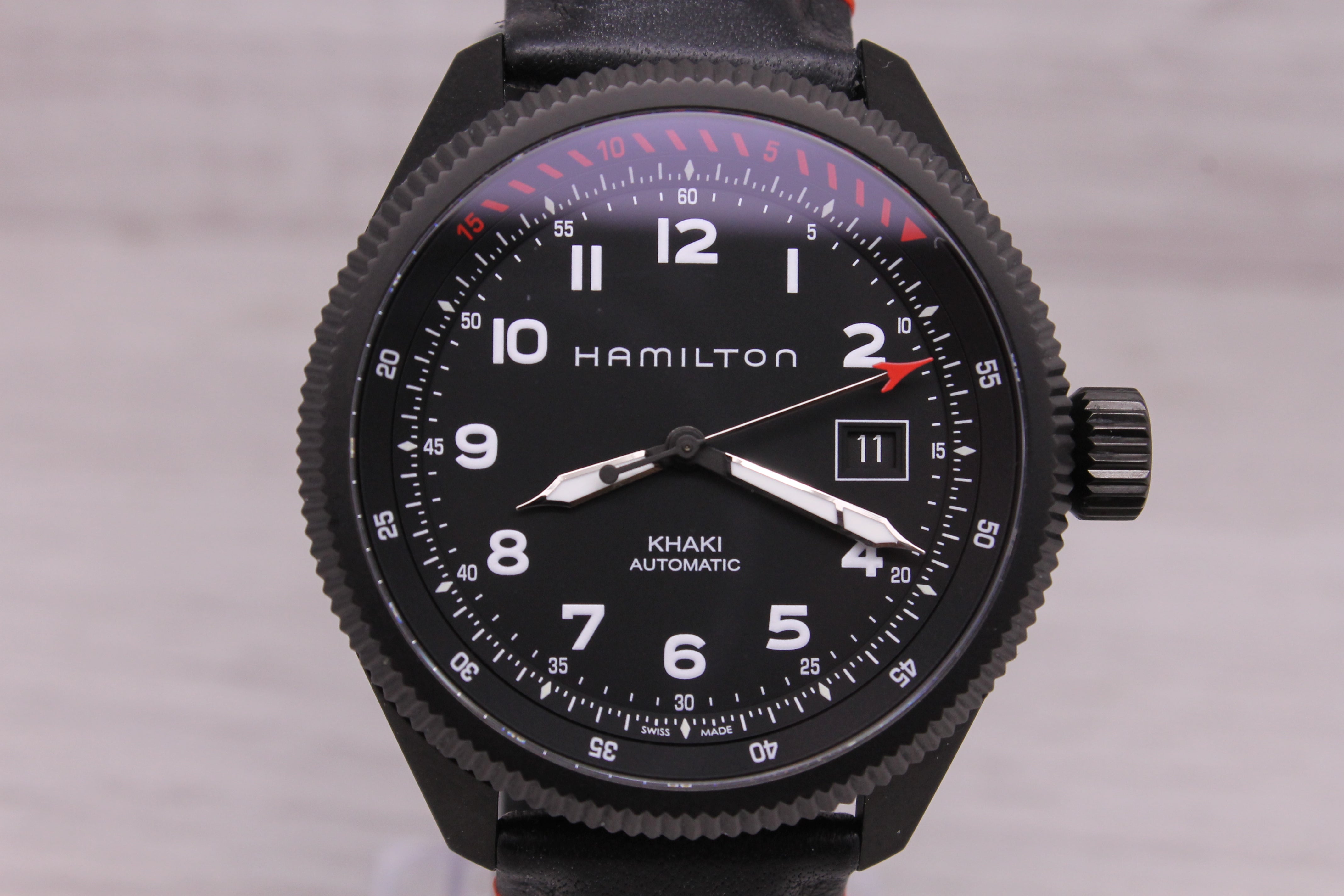 Dark Slate Gray Hamilton Khaki Air Zermatt Mens 42mm Black PVD Automatic Watch w Strap H766950
