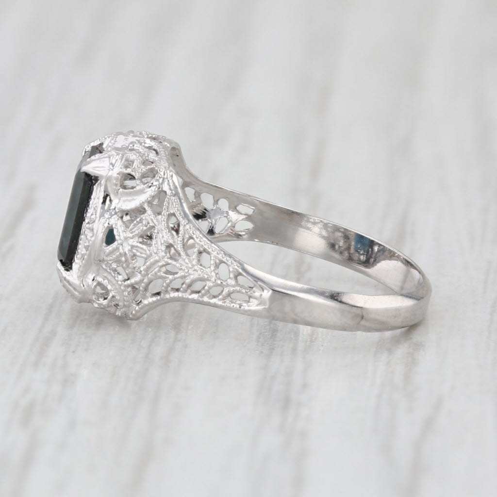 Art Deco 1.40ctw Blue Sapphire Solitaire 14k White Gold Filigree Size 4.5