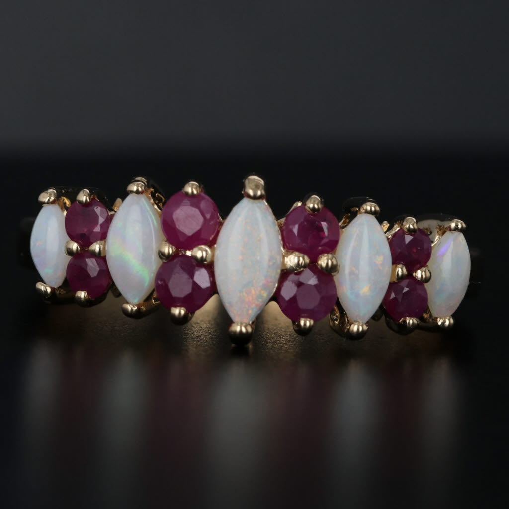 Black Marquise Cabochon Opal 0.36ctw Ruby Ring 14k Yellow Gold Size 7