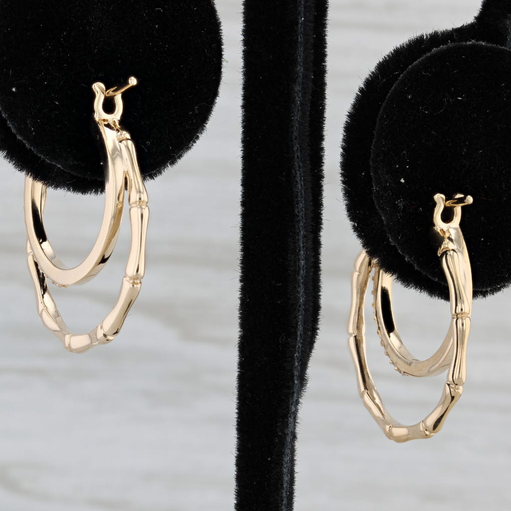 Gray New 0.12ctw Diamond Bamboo Hoop Earrings 14k Yellow Gold Snap Top Round Hoops