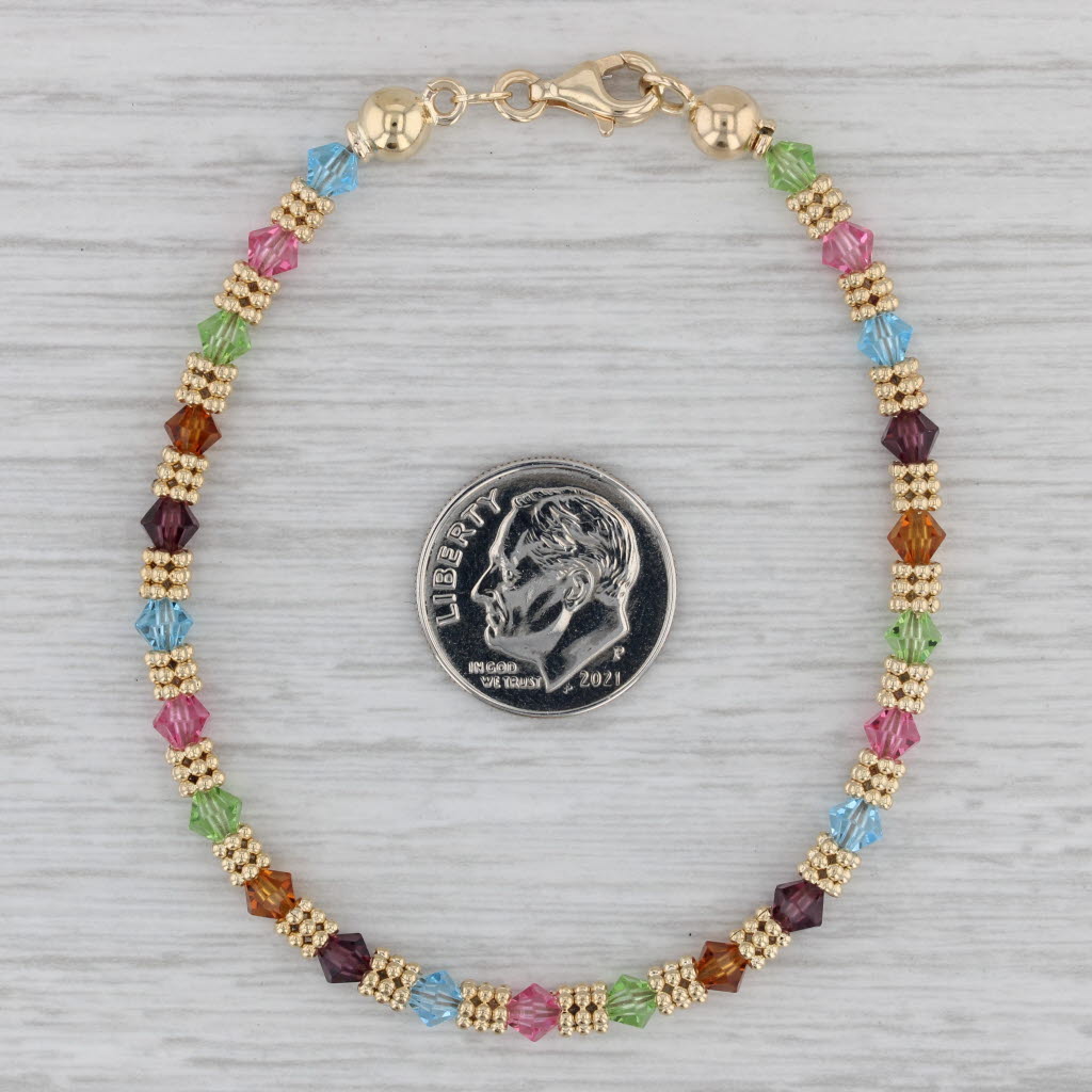 Gray Multicolor Glass Bead Bracelet 14k Yellow Gold 7" 4mm