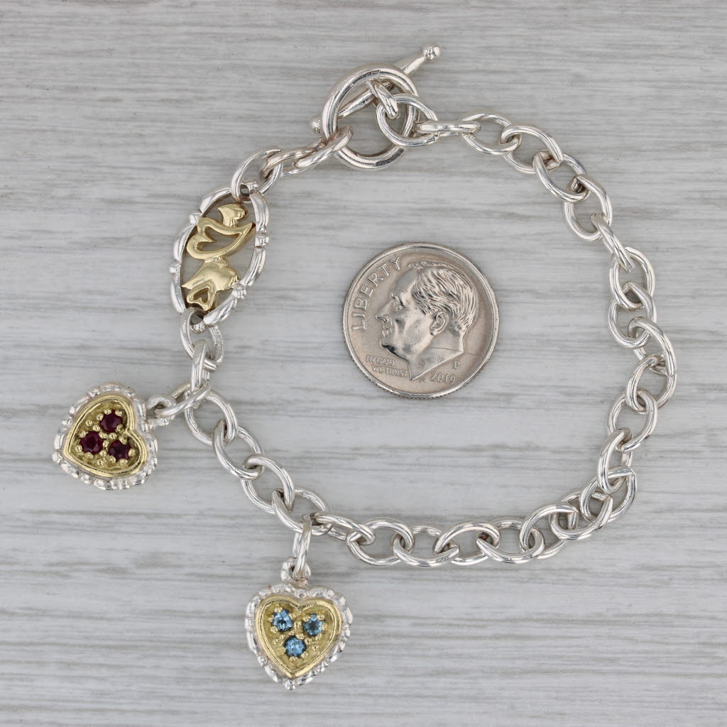 Dark Gray 0.36ctw Ruby Aquamarine Heart Charms Bracelet Sterling Silver 18k Gold 6.5"
