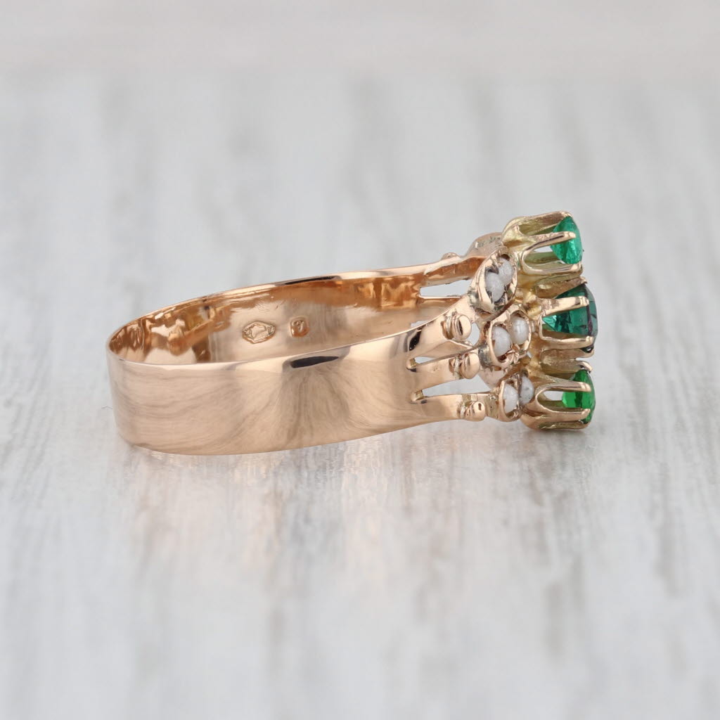 Antique Garnet Green Glass Doublet Imitation Pearl Ring 14k Yellow Gold Size 8.5