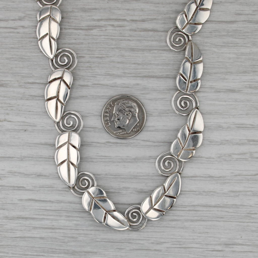 Leaf Swirl Link Statement Necklace Sterling Silver 19.5" Hook Clasp Taxco Mexico
