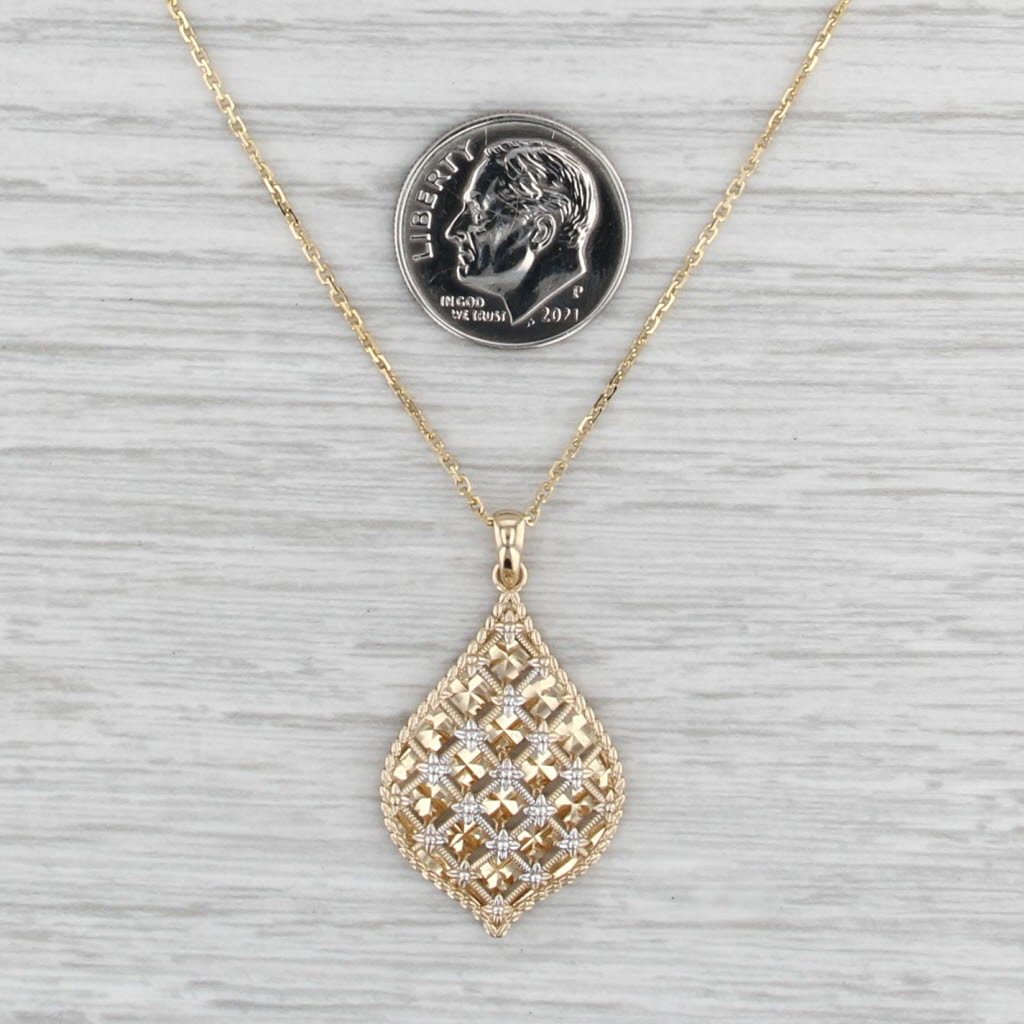 Floral Openwork Teardrop Pendant Necklace 14k 2-Toned Gold 17.75" Cable Chain