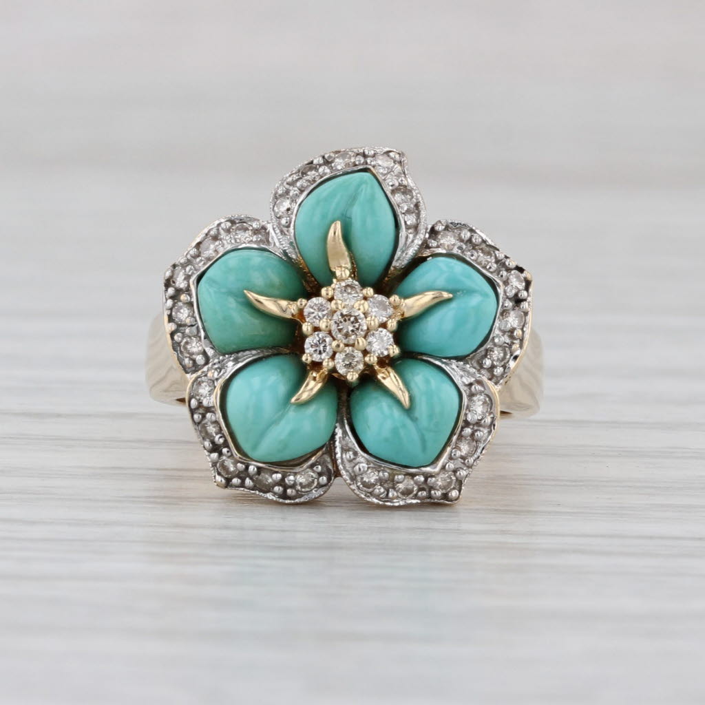 Le Vian Diamond Turquoise Flower Ring 14k Yellow Gold Size 5