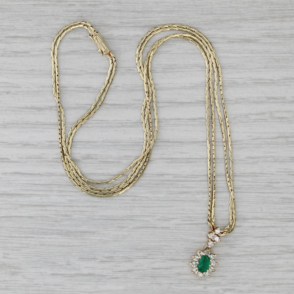 0.87ctw Emerald Diamond Halo Pendant Necklace 14k Yellow Gold 18" Cobra Chain