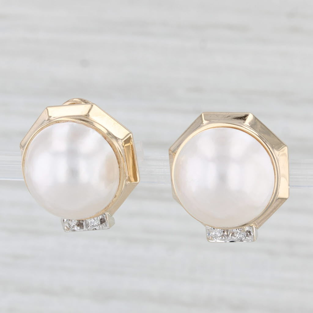 Light Gray Mabe Cultured Pearl Diamond Stud Earrings 14k Yellow Gold Omega Backs