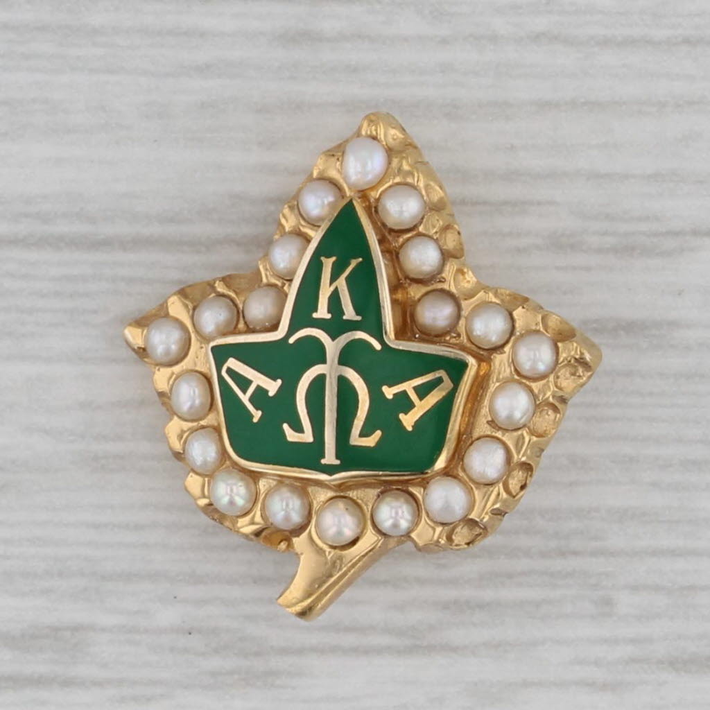 Gray Alpha Kappa Alpha Sorority Leaf Badge 10k Gold Pearl Enamel Vintage Greek Pin