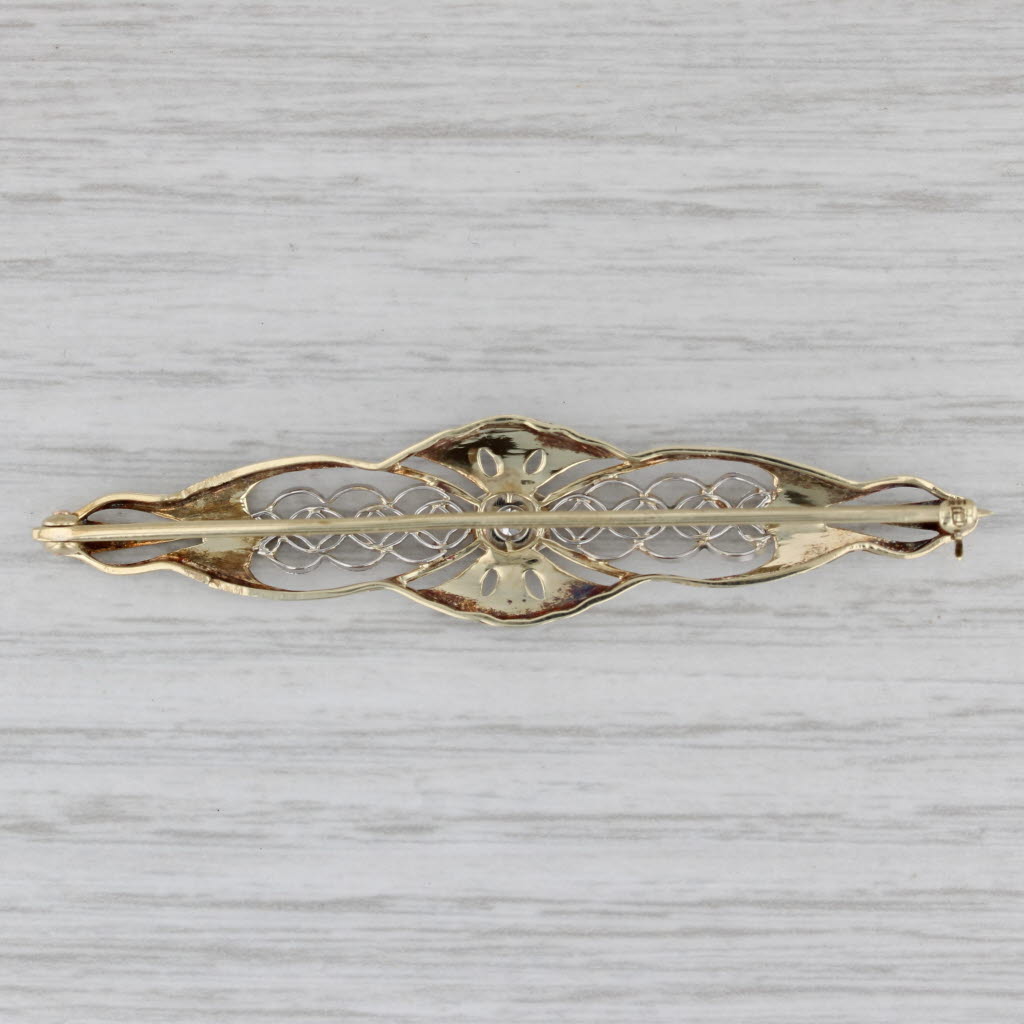 Gray Vintage Diamond Filigree Bar Pin 14k Gold Platinum Brooch