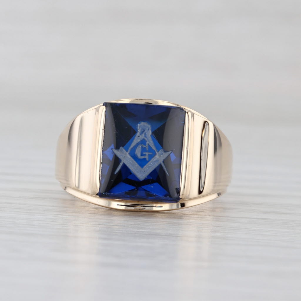 Masonic Signet Ring 10k Gold Lab Created Blue Spinel Blue Lodge Square Compass