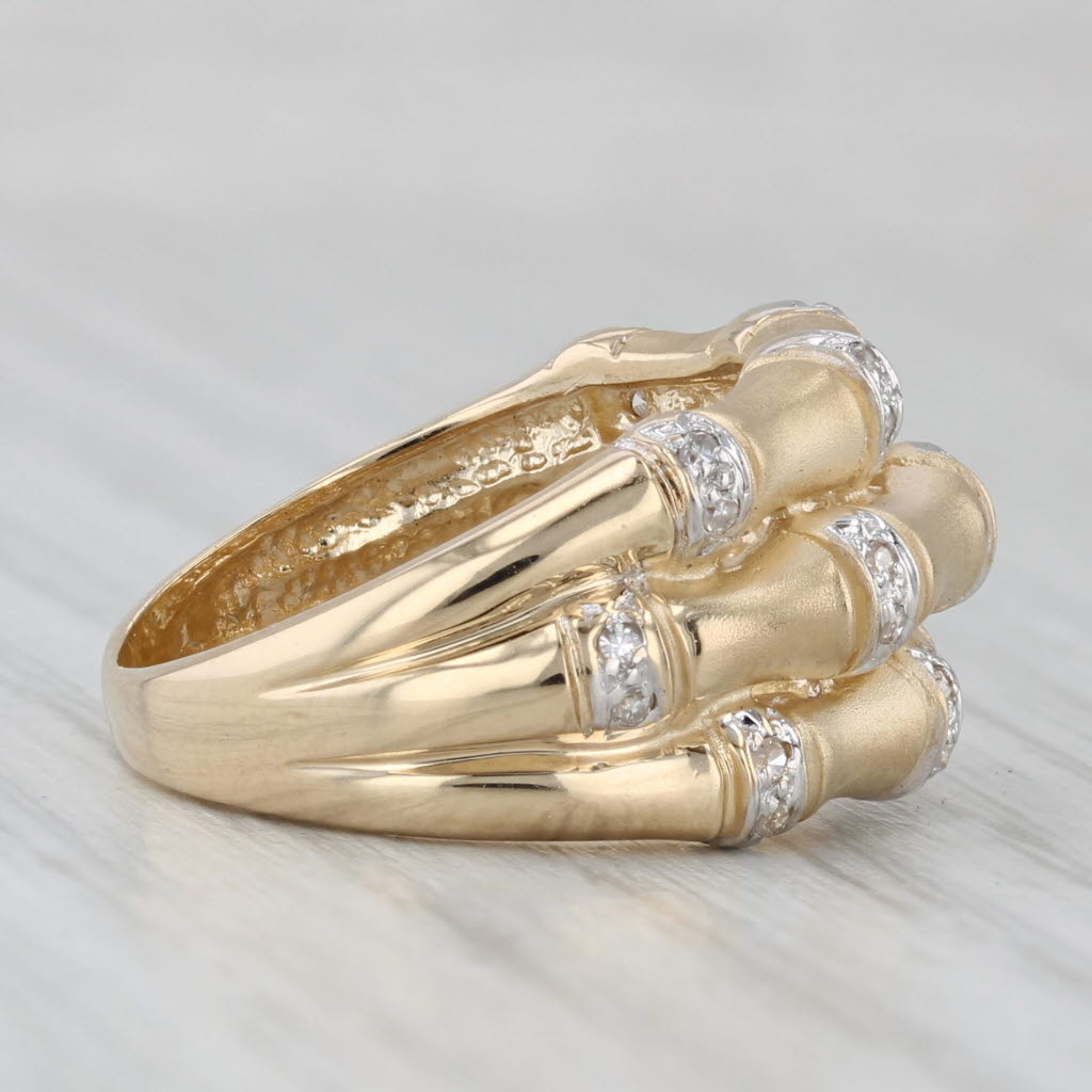 Light Gray Layered Stacked Band 0.10ctw Diamond Bamboo Ring 14k Yellow Gold Size 5.75