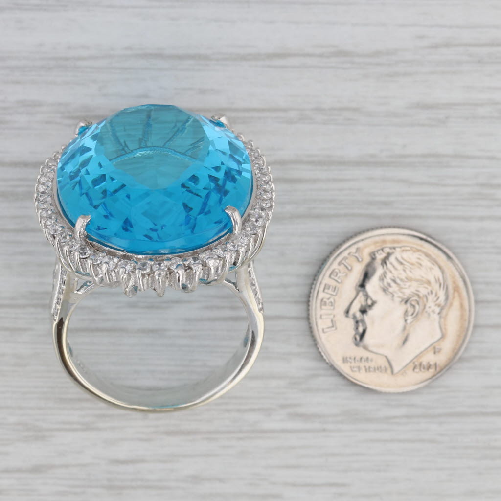 Gray Sterling Silver Cocktail Portuguese Blue Glass Halo Statement Size 9.25 Ring