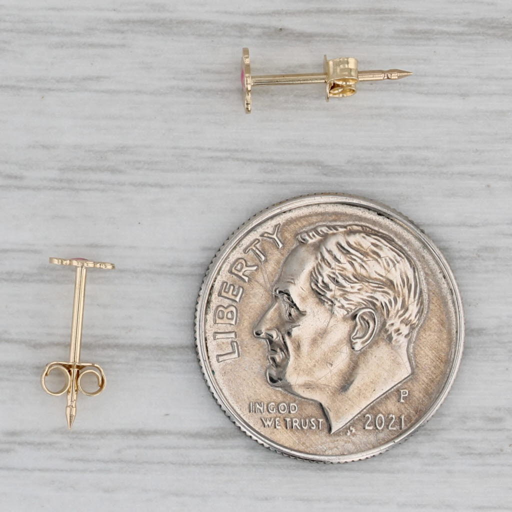 Gray Small Pink Enamel Flower Stud Earrings 14k Yellow Gold