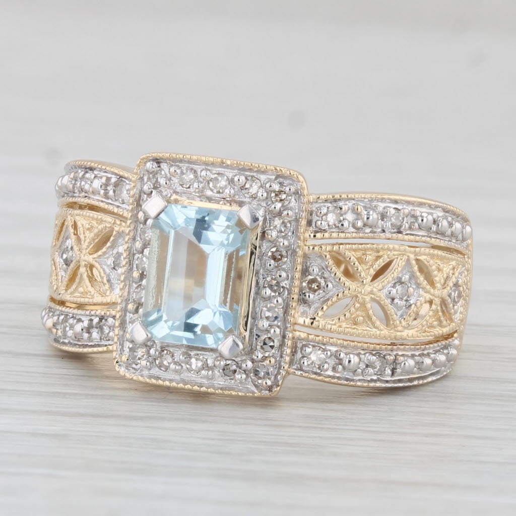 Light Gray 1.14ctw Aquamarine Diamond Cocktail Ring 14k Yellow Gold Size 8.25