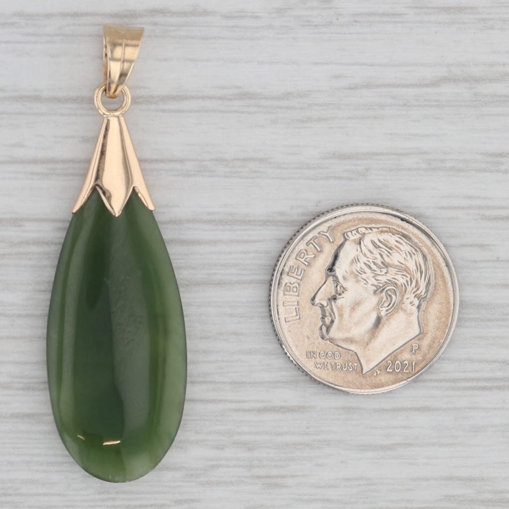 Gray Green Nephrite Jade Pendant 14k 12k Yellow Gold Teardrop