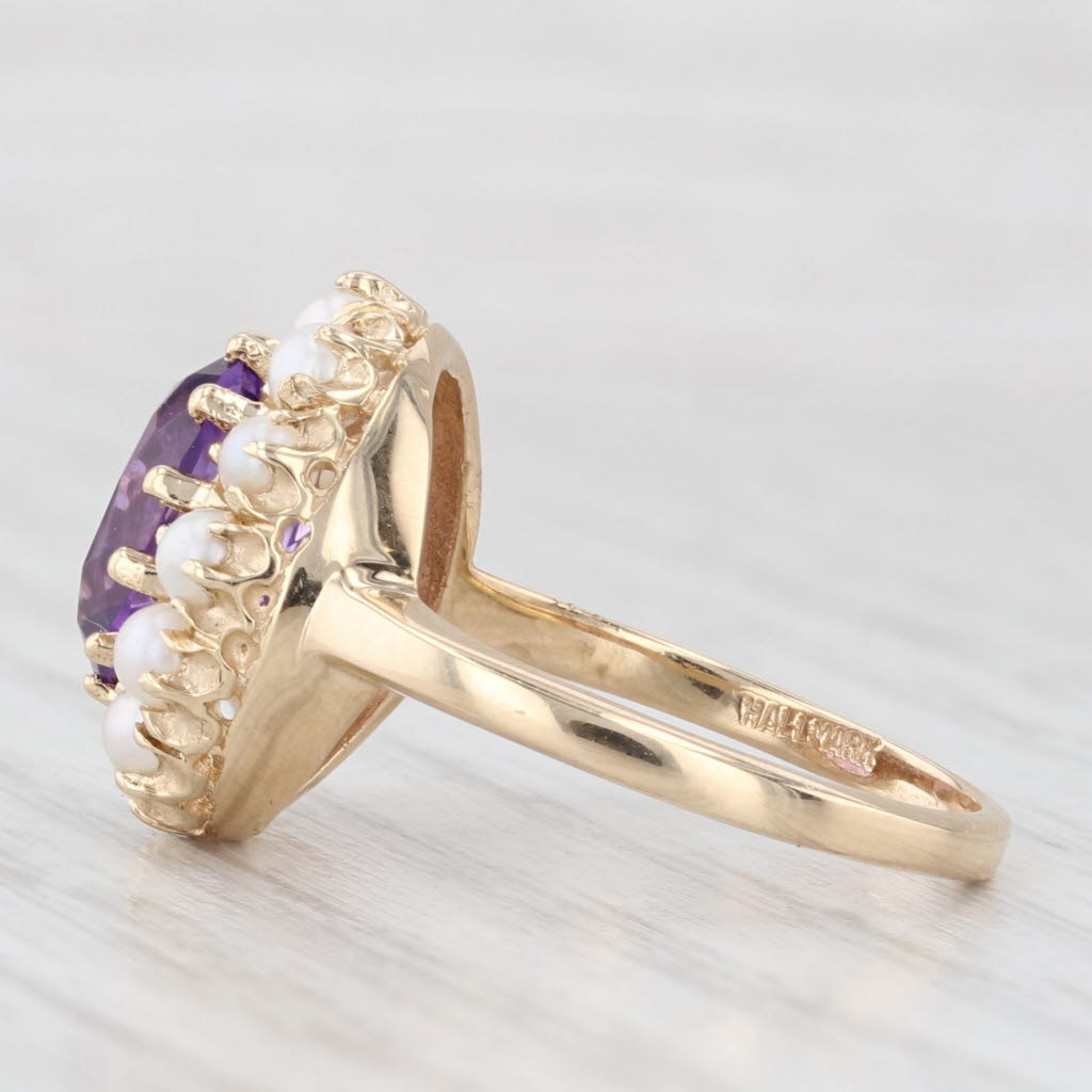 Light Gray Vintage 2.50ct Amethyst Cultured Pearl Halo Ring 14k Yellow Gold Size 7