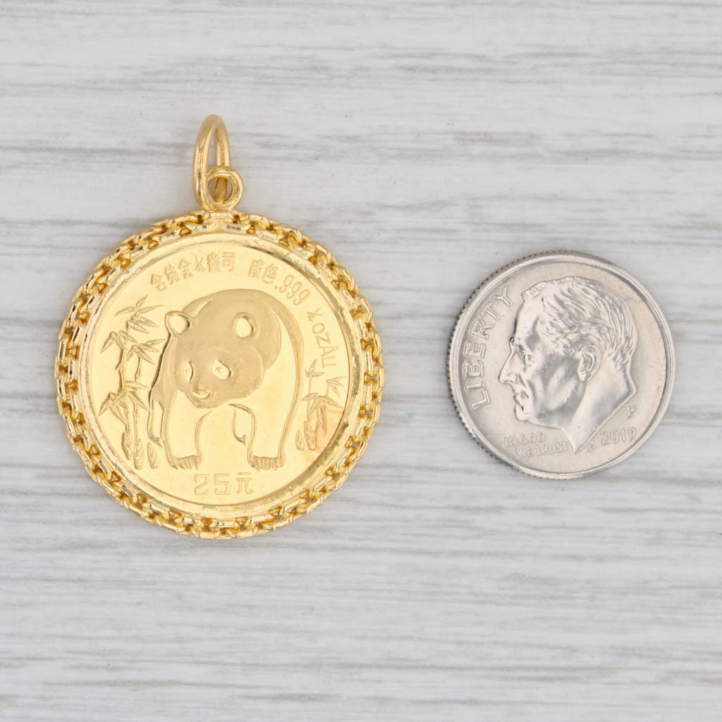 Light Gray Authentic 1986 Chinese Panda Coin Pendant 1/4 oz 25 Yuan 999 Fine Gold 21k Bezel