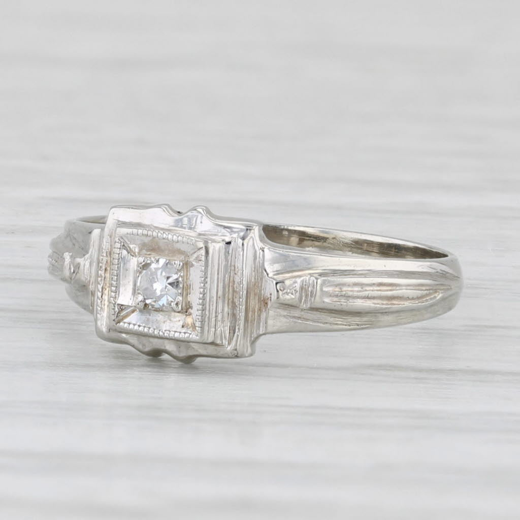 Light Gray Small Vintage Diamond Solitaire Ring 14k White Gold 2.75 Baby Size