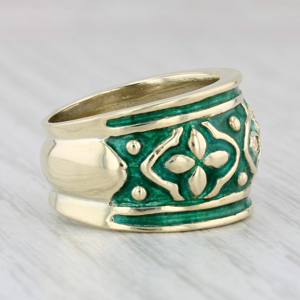 Light Gray Diamond Green Enamel Flower Ring 14k Yellow Gold Size 6.5 Floral Statement Band