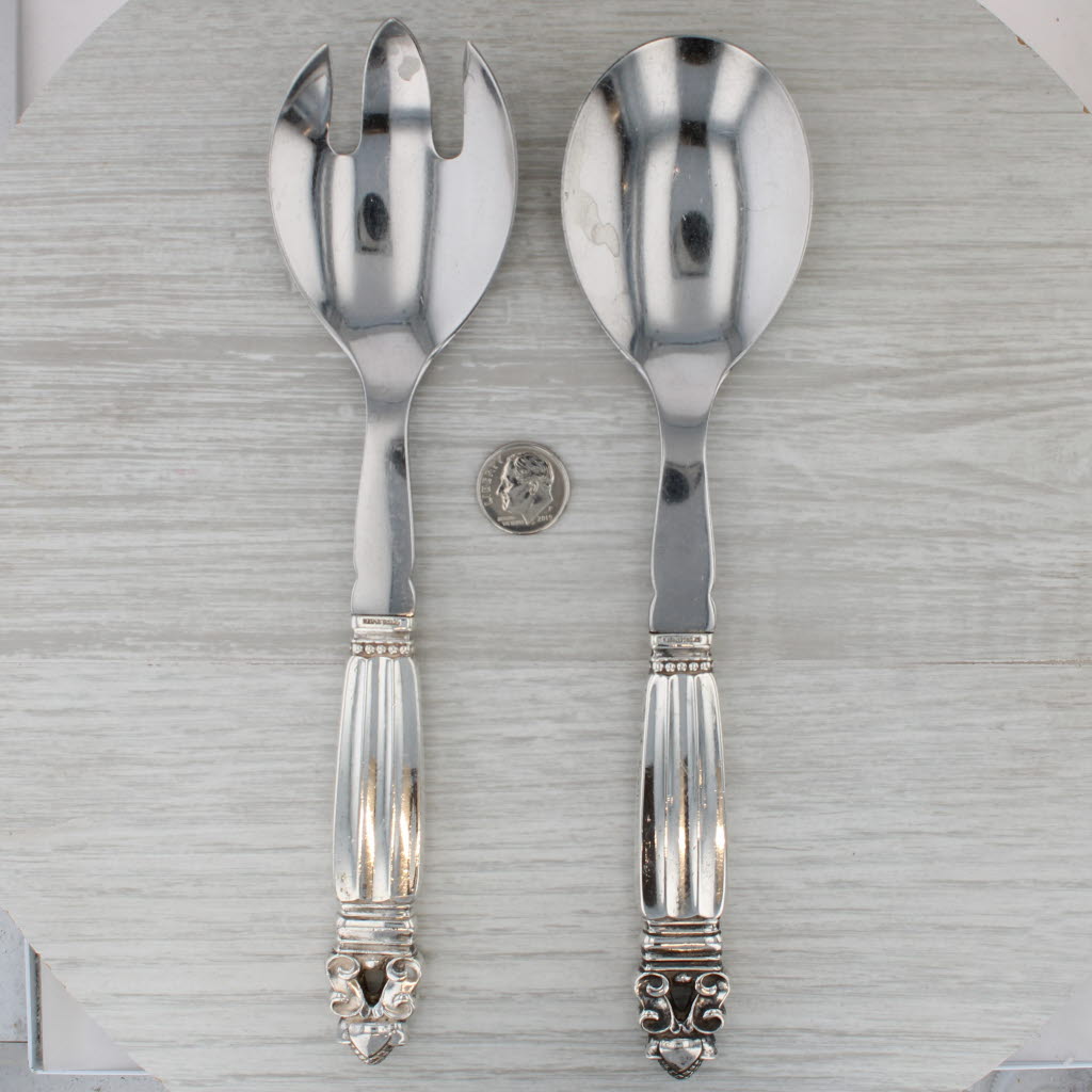 Dark Gray Georg Jensen Denmark Acorn Salad Spoon Fork Set Sterling Silver Stainless Steel