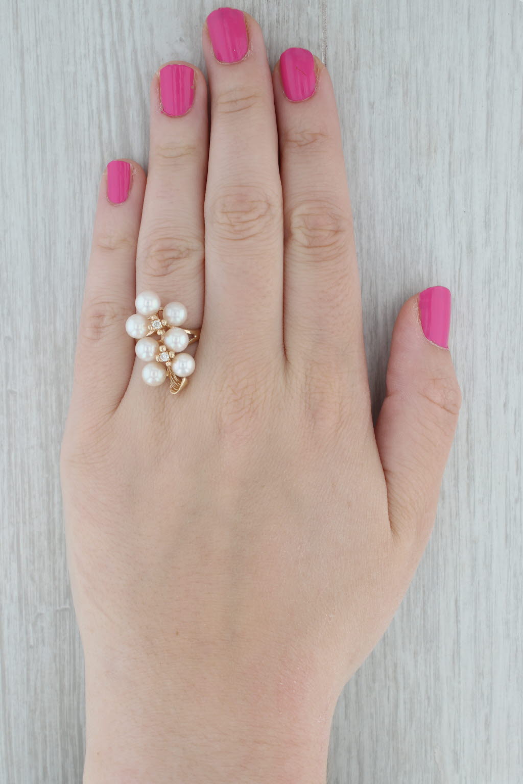 Gray Cultured Pearl Cluster Diamond Ring 10k Yellow Gold Size 8 Floral
