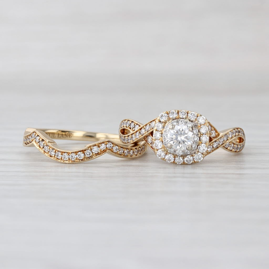 0.93ctw Diamond Halo Engagement Ring Contoured Wedding Band 14k Gold Neil Lane
