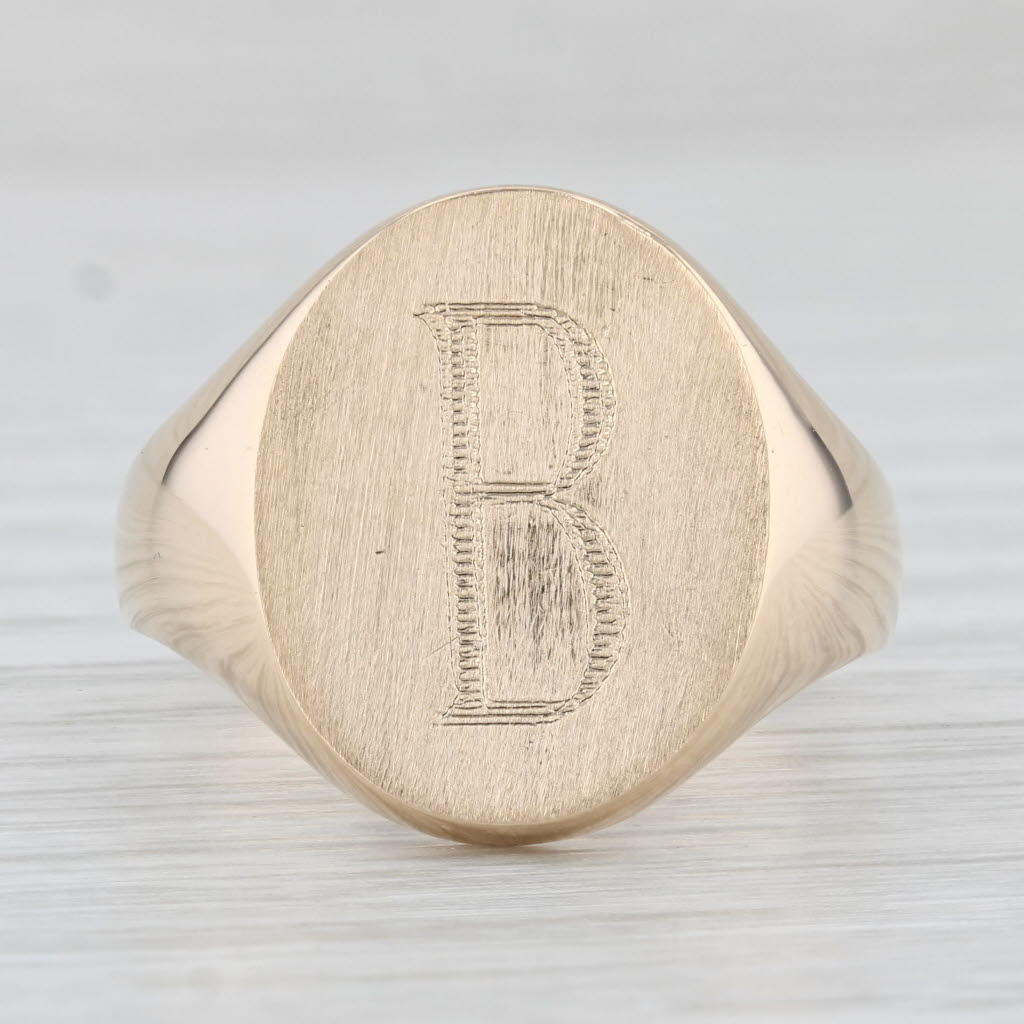 Light Gray Engraved Letter "B" Initial Signet Ring 14k Yellow Gold Size 9.75 Vintage Men's