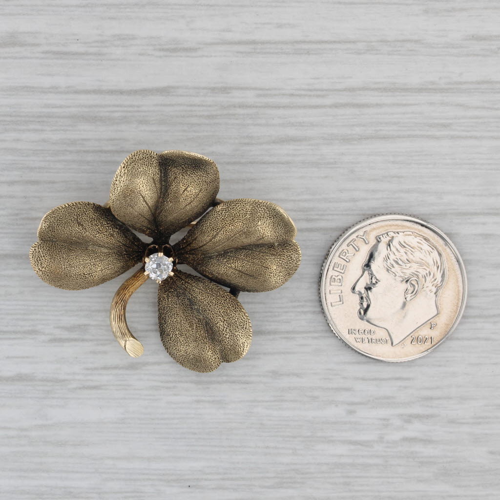 Gray Diamond 4 Leaf Clover Brooch 14k Yellow Gold Good Luck Shamrock Pin