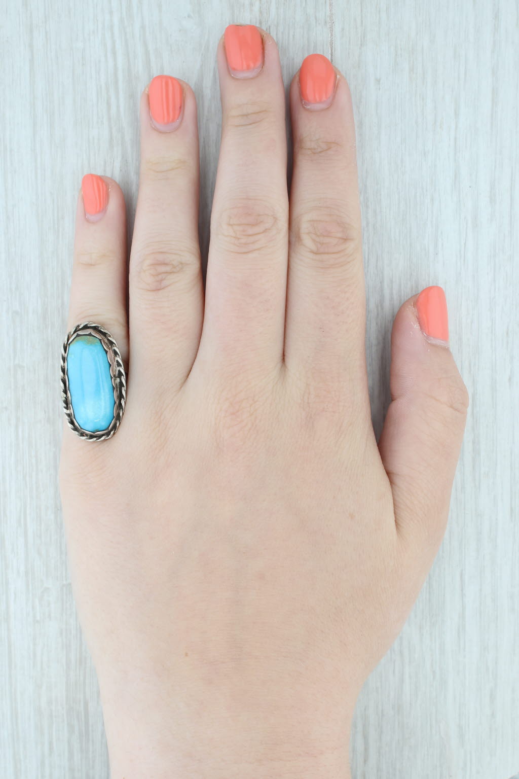 Light Gray Vintage Native American Oval Turquoise Cabochon Ring Sterling Silver Stamped