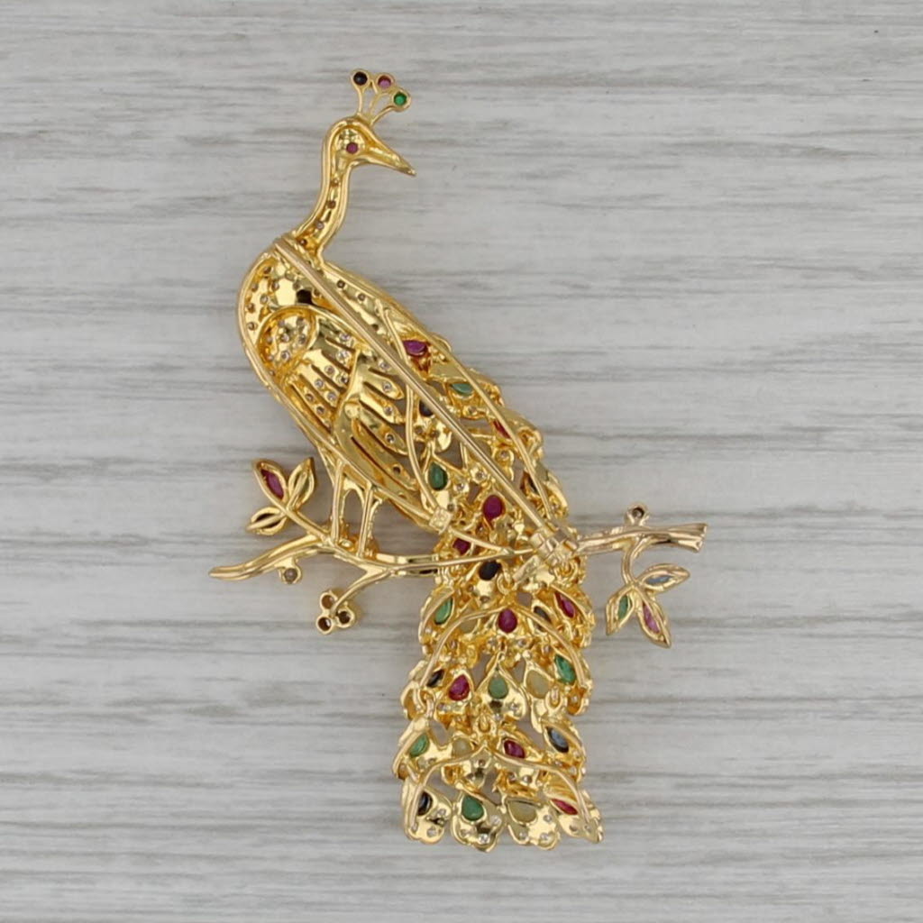 2.78ctw Gemstone Peacock Brooch 18k Gold Pin Diamond Ruby Emerald Sapphire