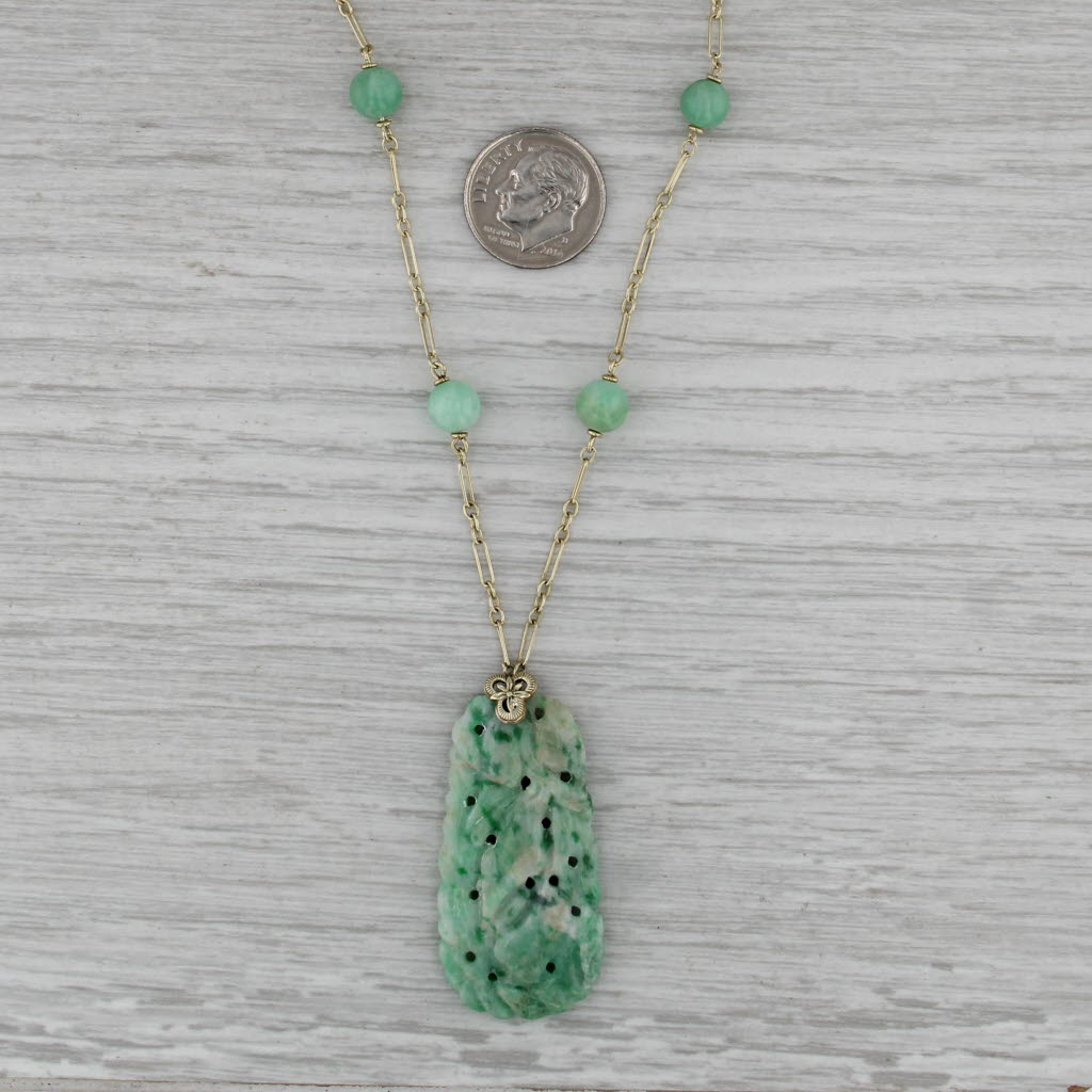 Green Carved Jade Lariat Pendant Necklace 14k Yellow Gold 19" Figaro Chain
