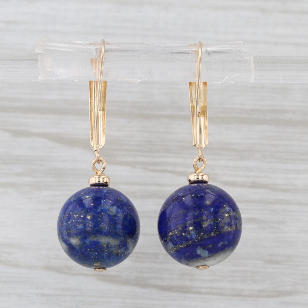 Blue Lapis Lazuli Bead Drop Earrings 14k Yellow Gold Hook Post Dangles
