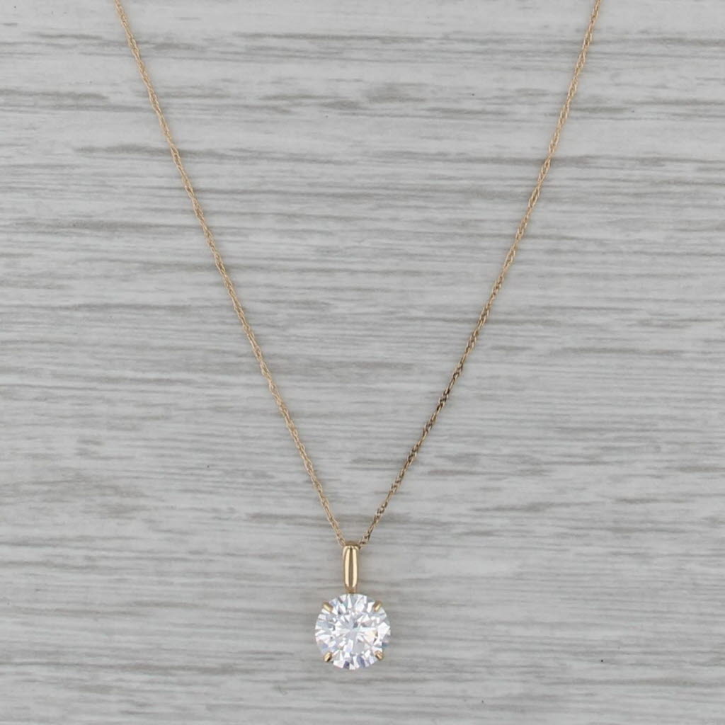 1.25ct Round Cubic Zirconia Pendant Necklace 14k Yellow Gold 16-18" Rope Chain