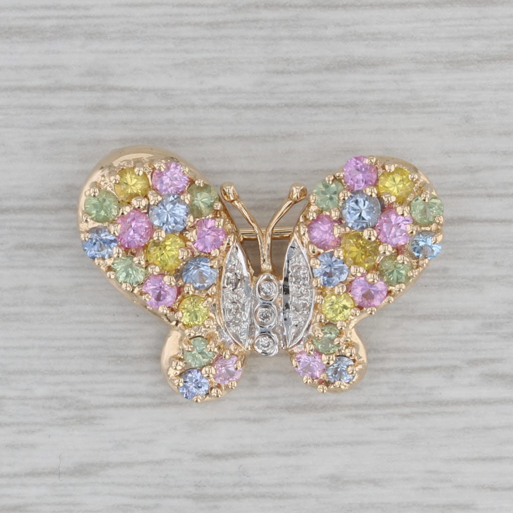 Gray 1.94ctw Multicolor Sapphire Diamond Butterfly Pendant Pin 14k Yellow Gold