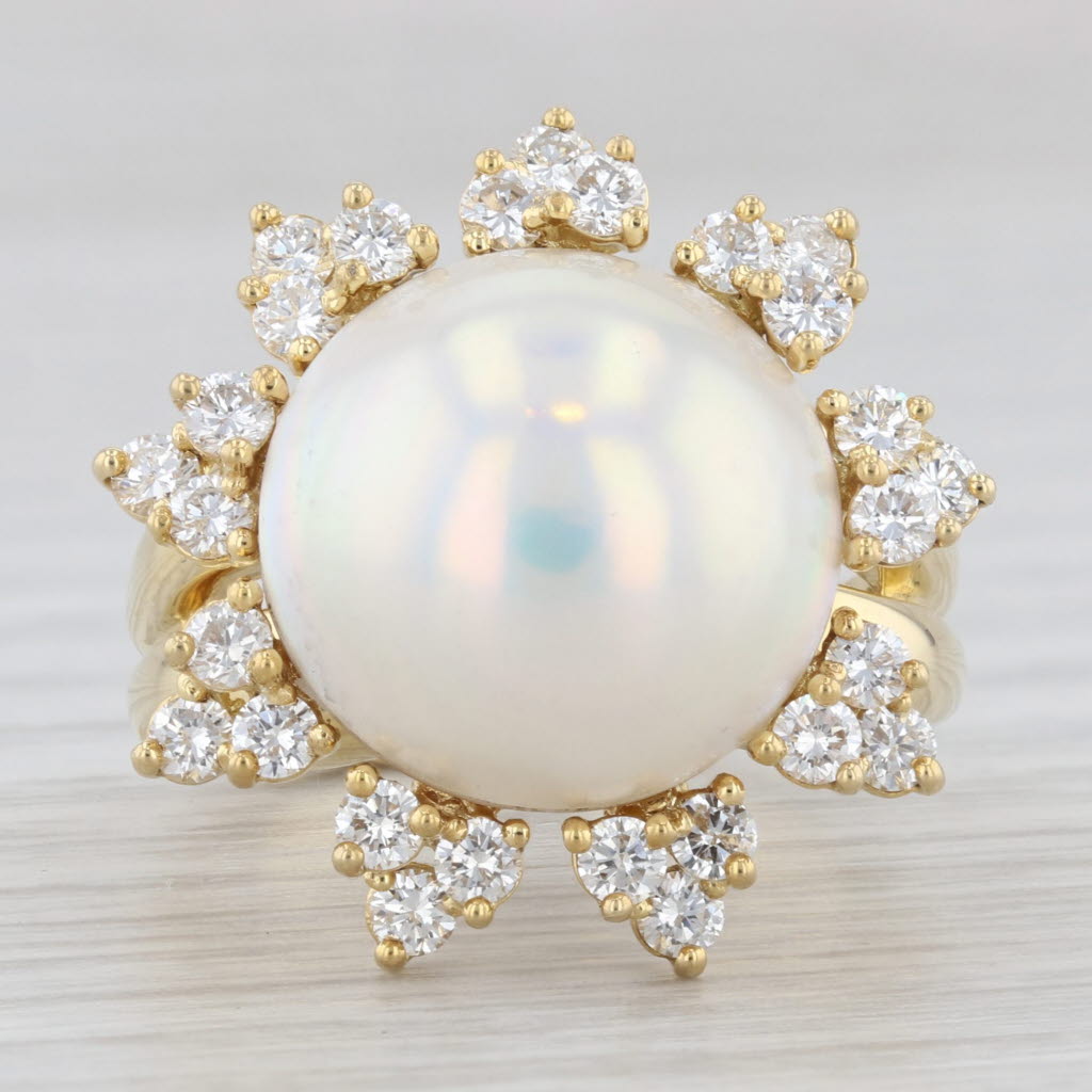 Light Gray Kurt Wayne Mabe Pearl Diamond Halo Flower Cocktail Ring 18k Yellow Gold Sz 7.75
