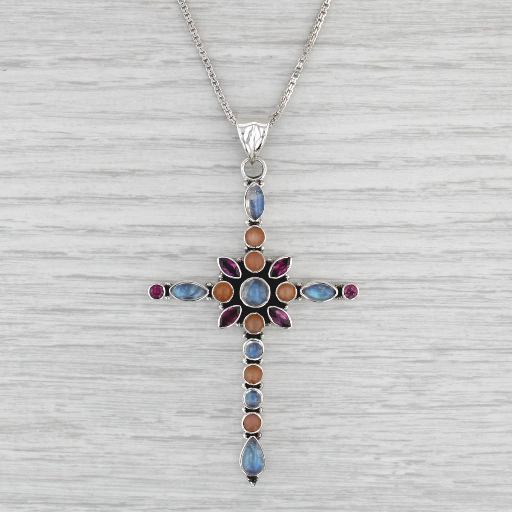 Nicky Butler Moonstone Cross Pendant Necklace Sterling Silver 20" Box Chain