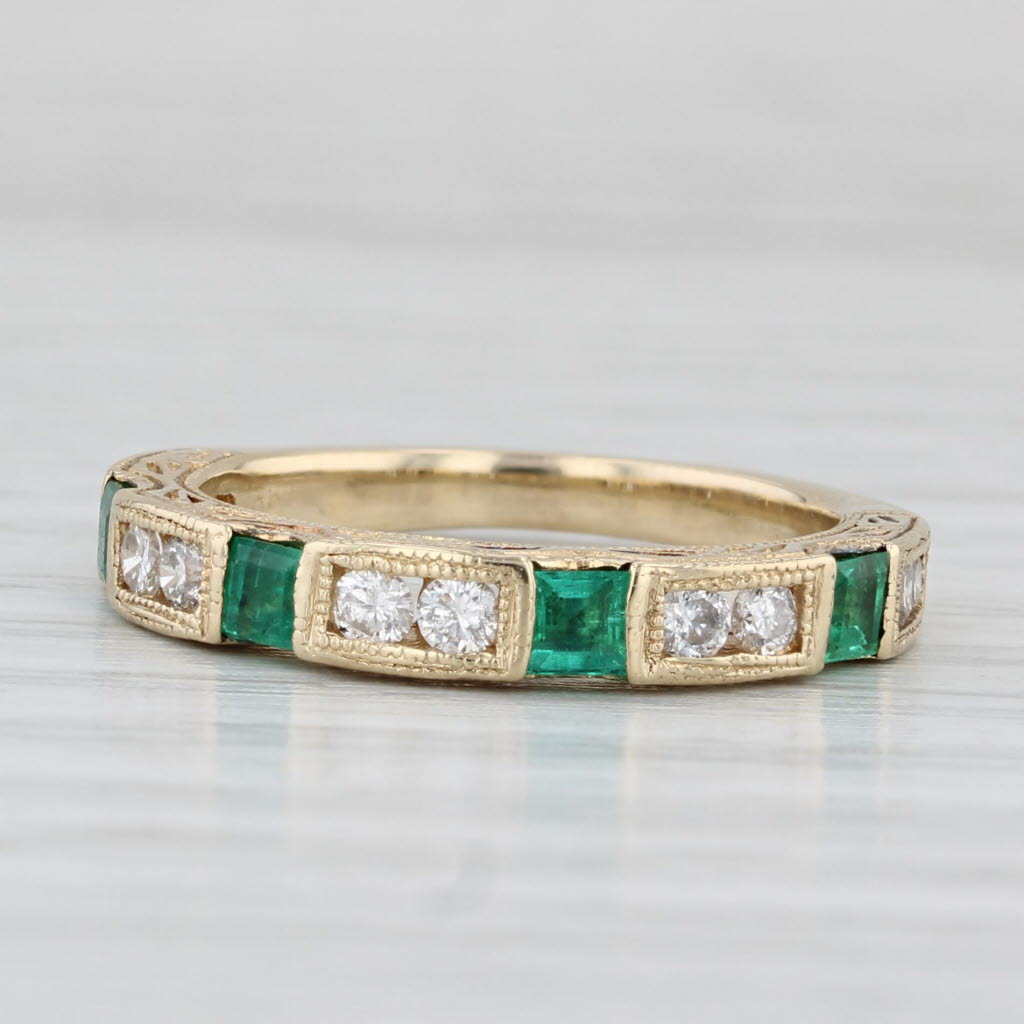 Light Gray 0.62ctw Emerald Diamond Ornate Ring 14k Yellow Gold Wedding Stackable Band