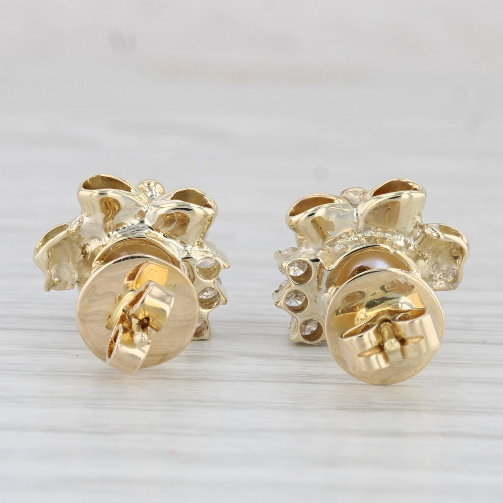 Light Gray Cultured Pearl 0.20ctw Diamond Bow Stud Earrings 14k Yellow Gold