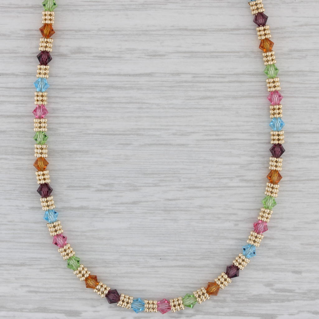Gray Multicolor Glass Bead Necklace 14k Yellow Gold 15.75" 4mm