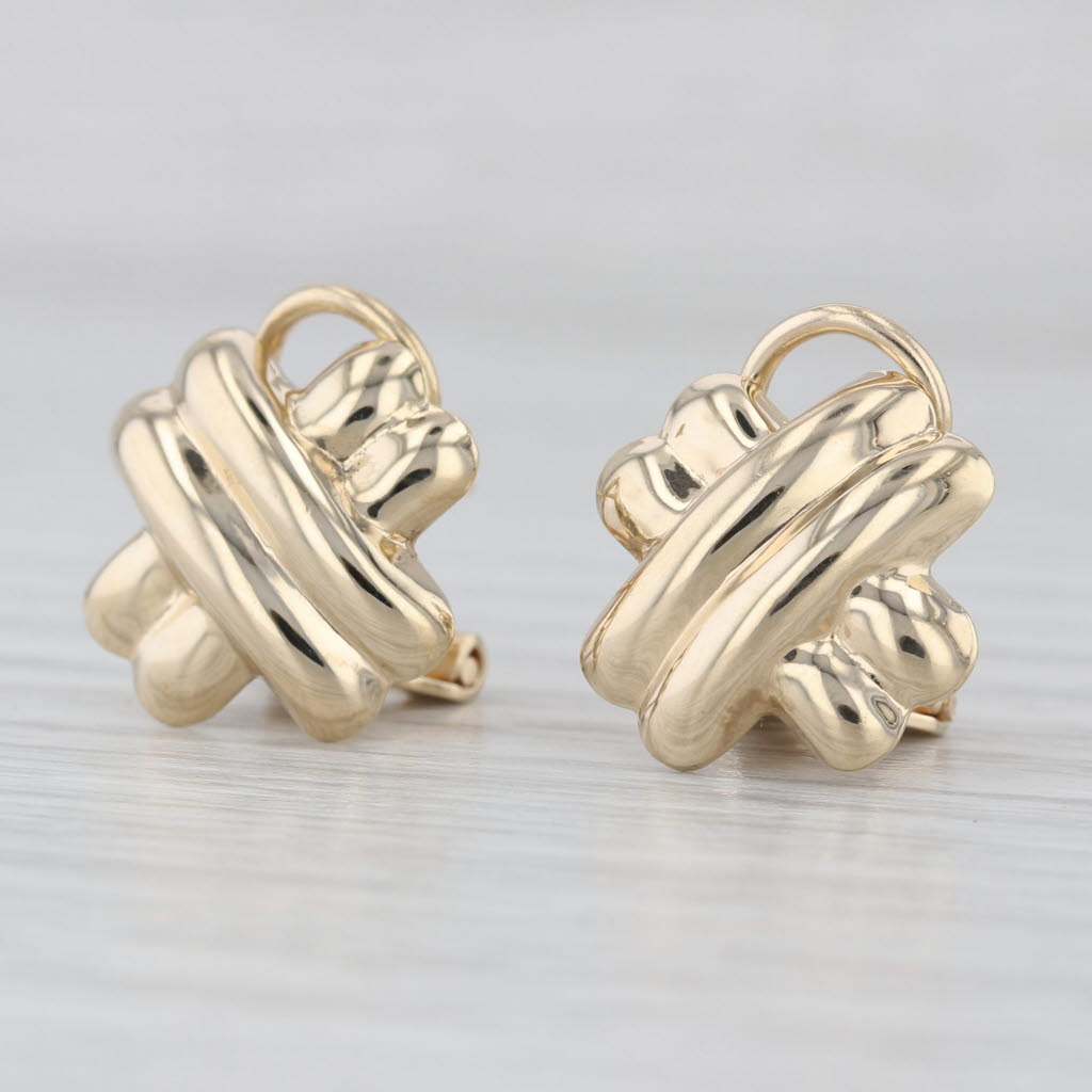Beveled Knot X Earrings 14k Yellow Gold Omega Back Drops