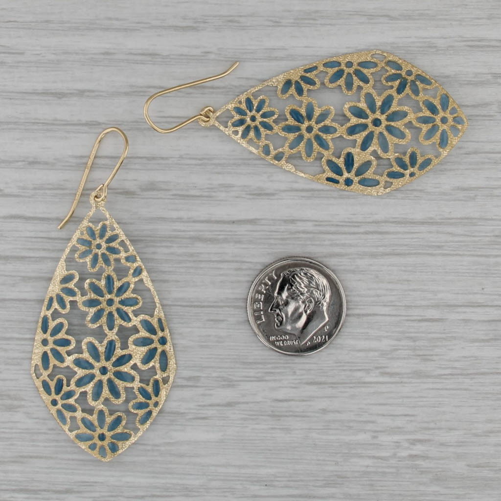 Blue Resin Flower Dangle Earrings 14k Yellow Gold Hook Posts Lightweight