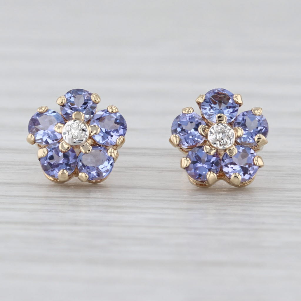 1.20ctw Tanzanite Flower Stud Earrings 14k Yellow Gold Floral Studs