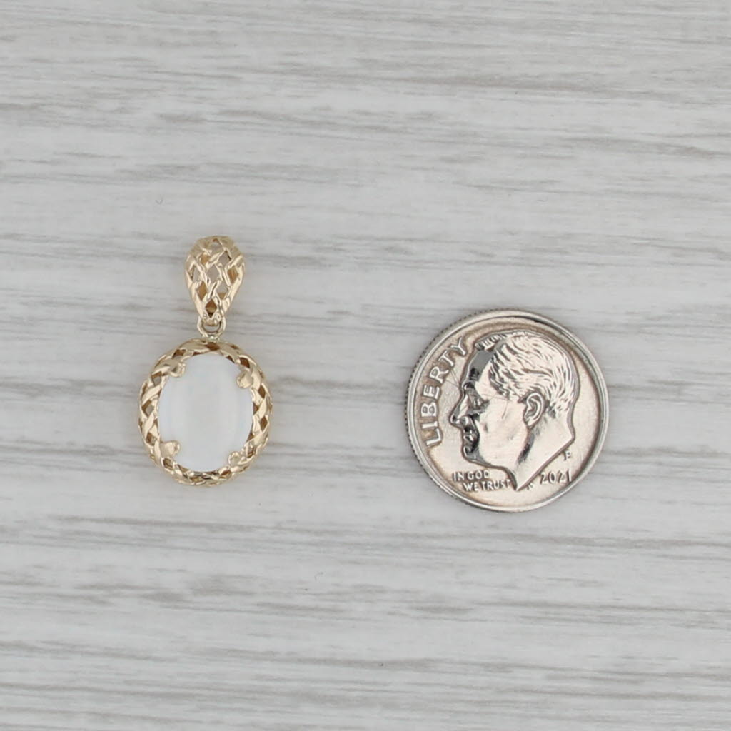 Oval Opal Cabochon Solitaire Pendant 14k Yellow Gold Basketweave Drop