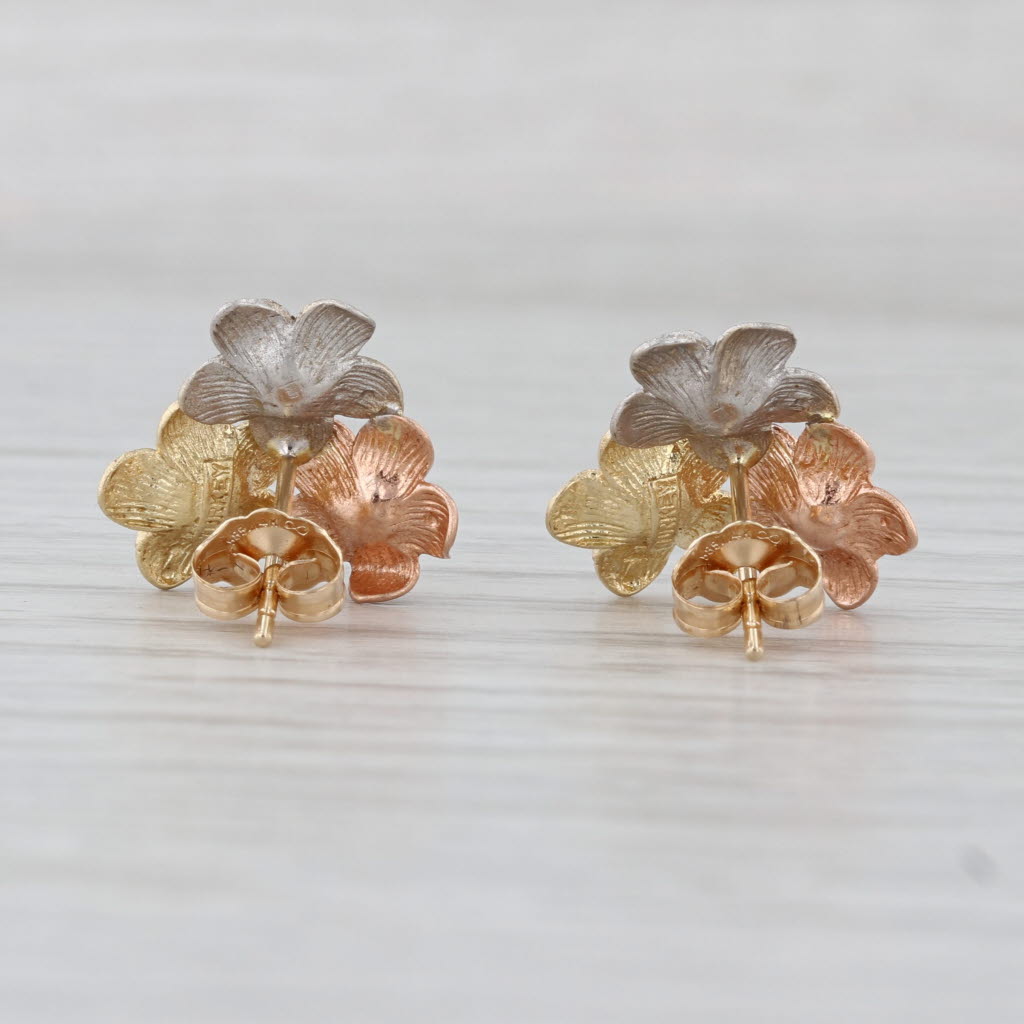 Tri-Toned Flower Stud Earrings 14k Rose Yellow White Gold Flower Studs