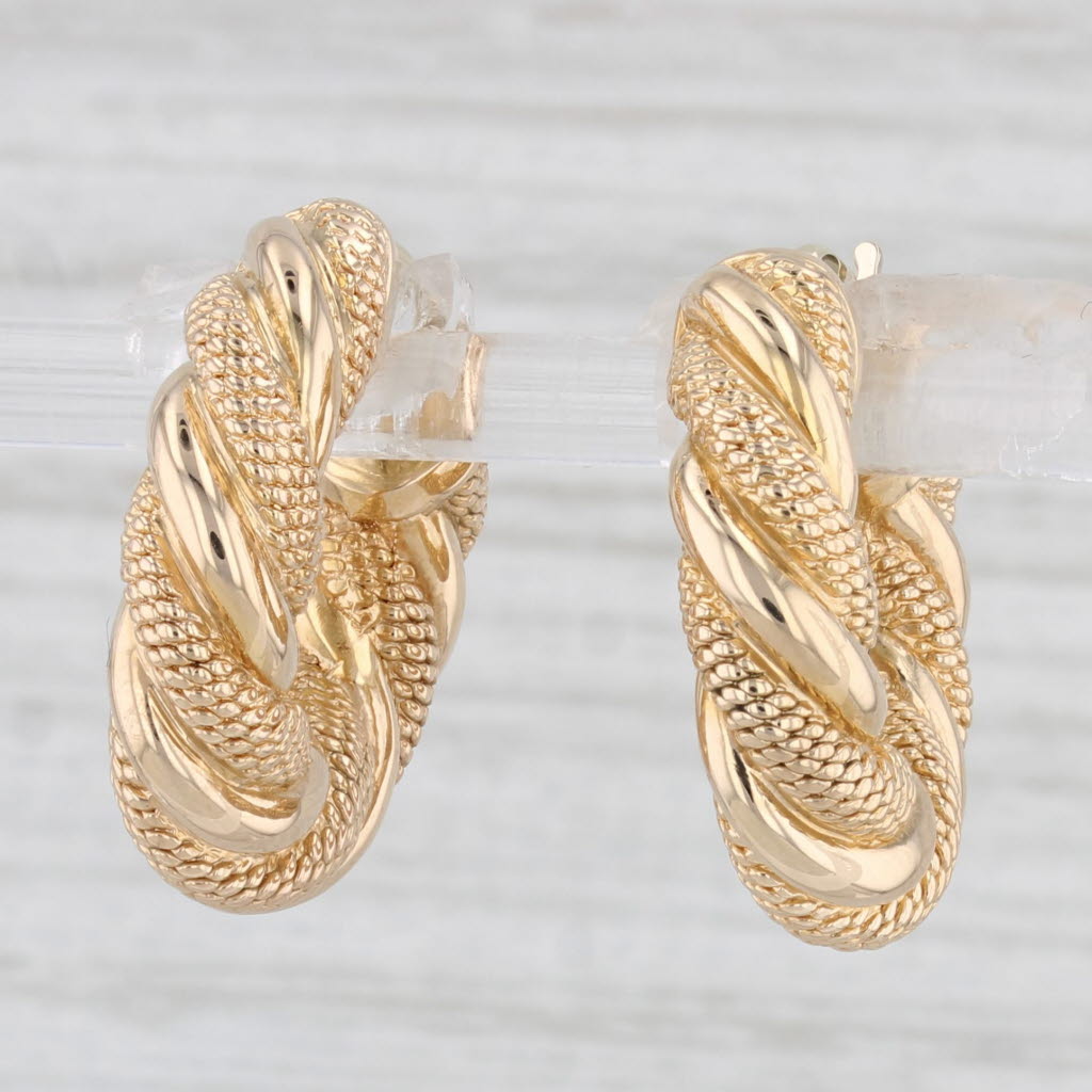 Light Gray Scalloped Twist Hoop Earrings 14k Yellow Gold Snap Top Round Hoops