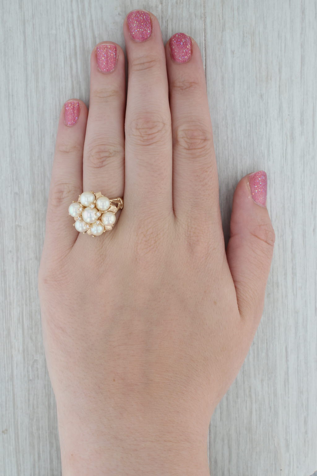 Dark Gray Cultured Pearl Diamond Cluster Ring 14k Yellow Gold Size 9 Cocktail