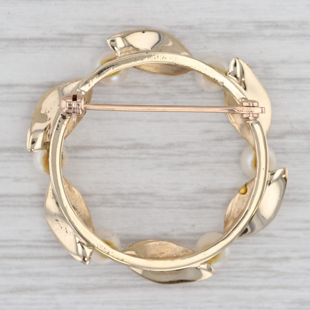 Gray Cultured Pearl Wreath Brooch 14k Yellow Gold Statement Pin