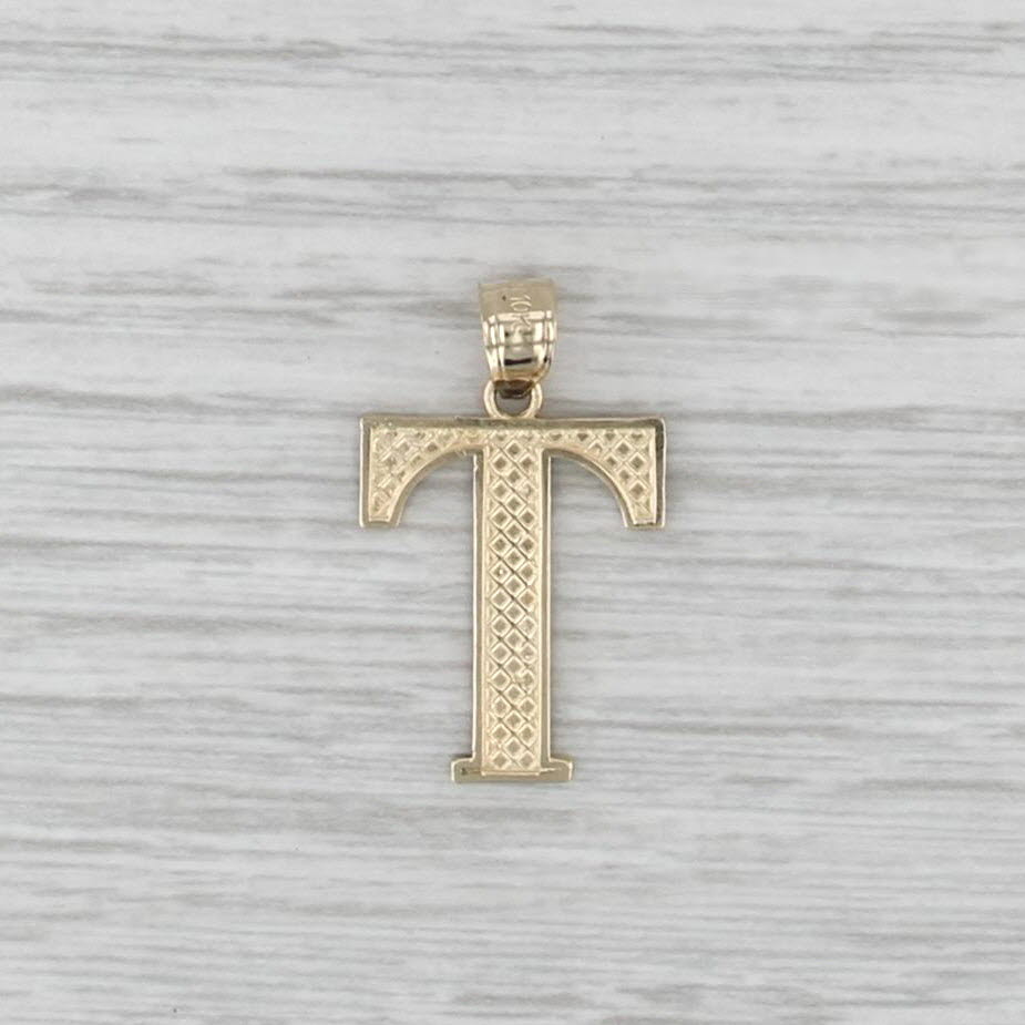 Textured Pattern Letter Initial "T" Pendant 10k Yellow Gold