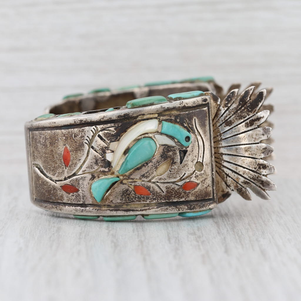 Harry Spencer Navajo Cuff Bracelet for watch Sterling Silver Stone Birds Vintage